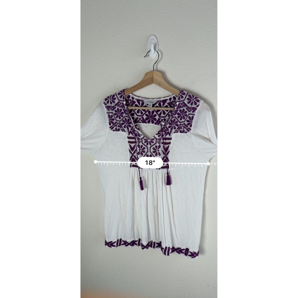 Lucky Brand Womens Small White Purple Embroidered Peasant Top Tassel Boho Blouse - Picture 4 of 8